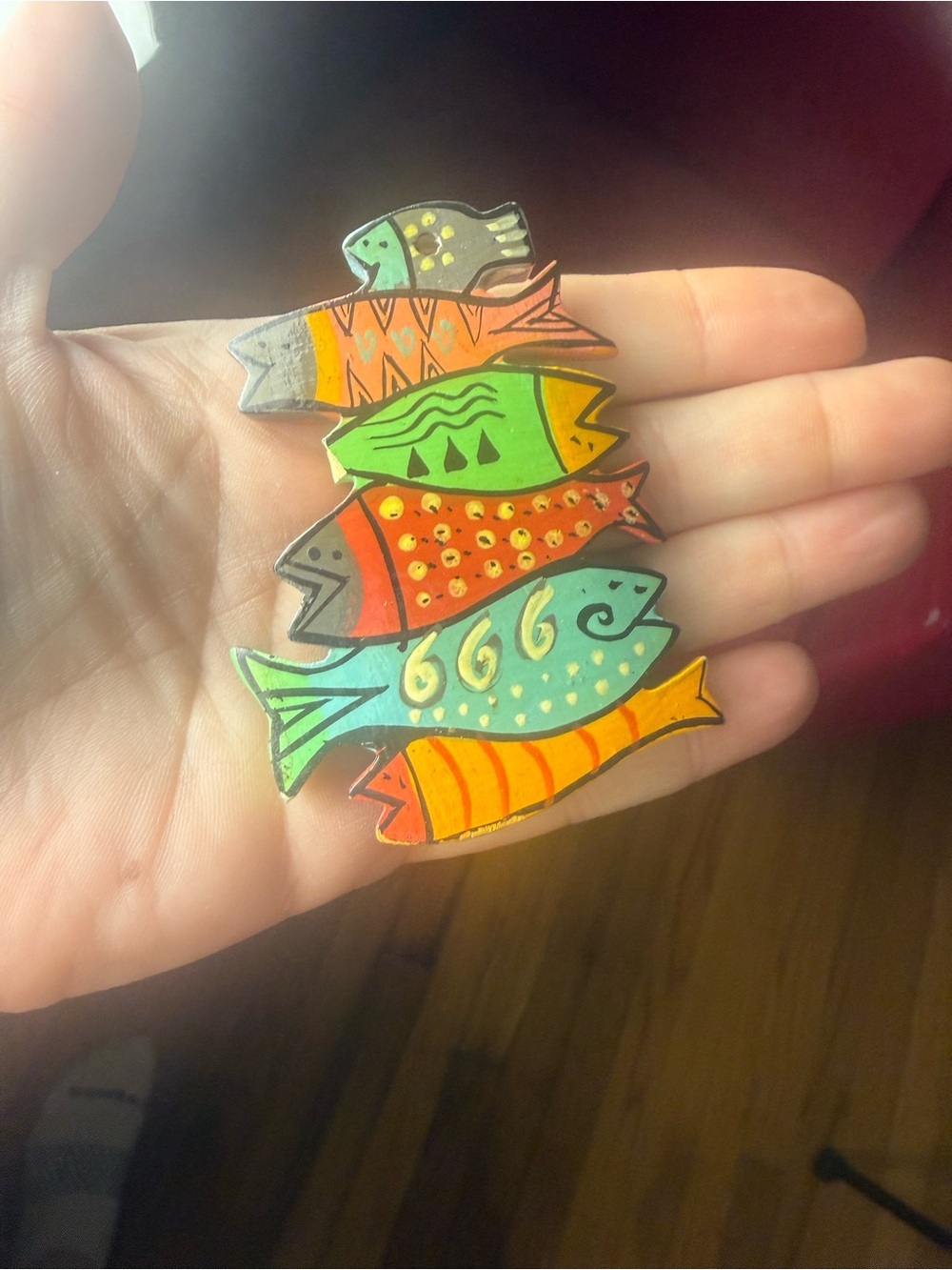Laurel Burch Signed Stacked Fish Art Plaque Colorful Nautical Folk Art